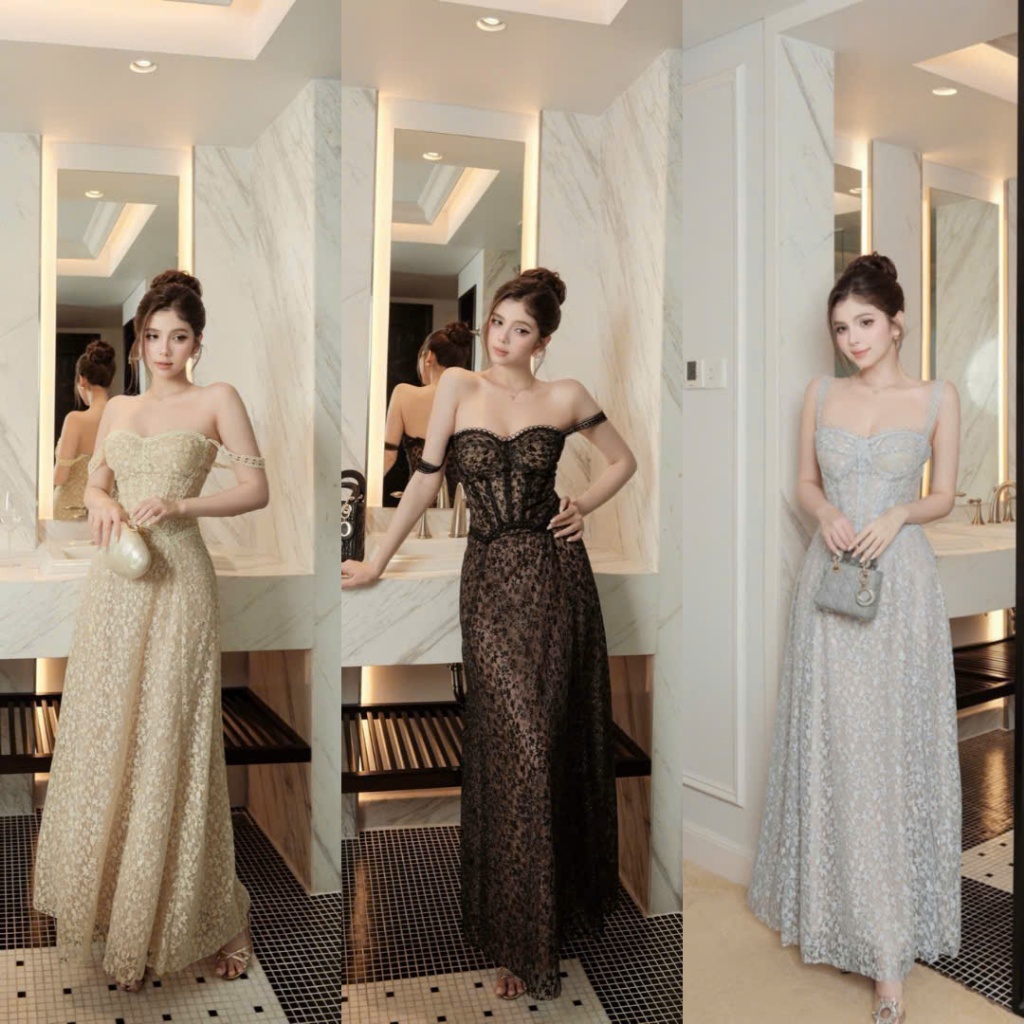 Đầm Dạ Hội Ren Dáng Dài Hai Dây Quyến Rũ Sang Chảnh