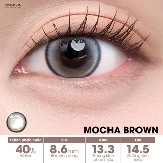 Lens cận 6 tháng VIVIMOON Mocha Brown, kính áp tròng khóa ẩm màu nâu sáng pha ánh xám giãn to 14.5mm