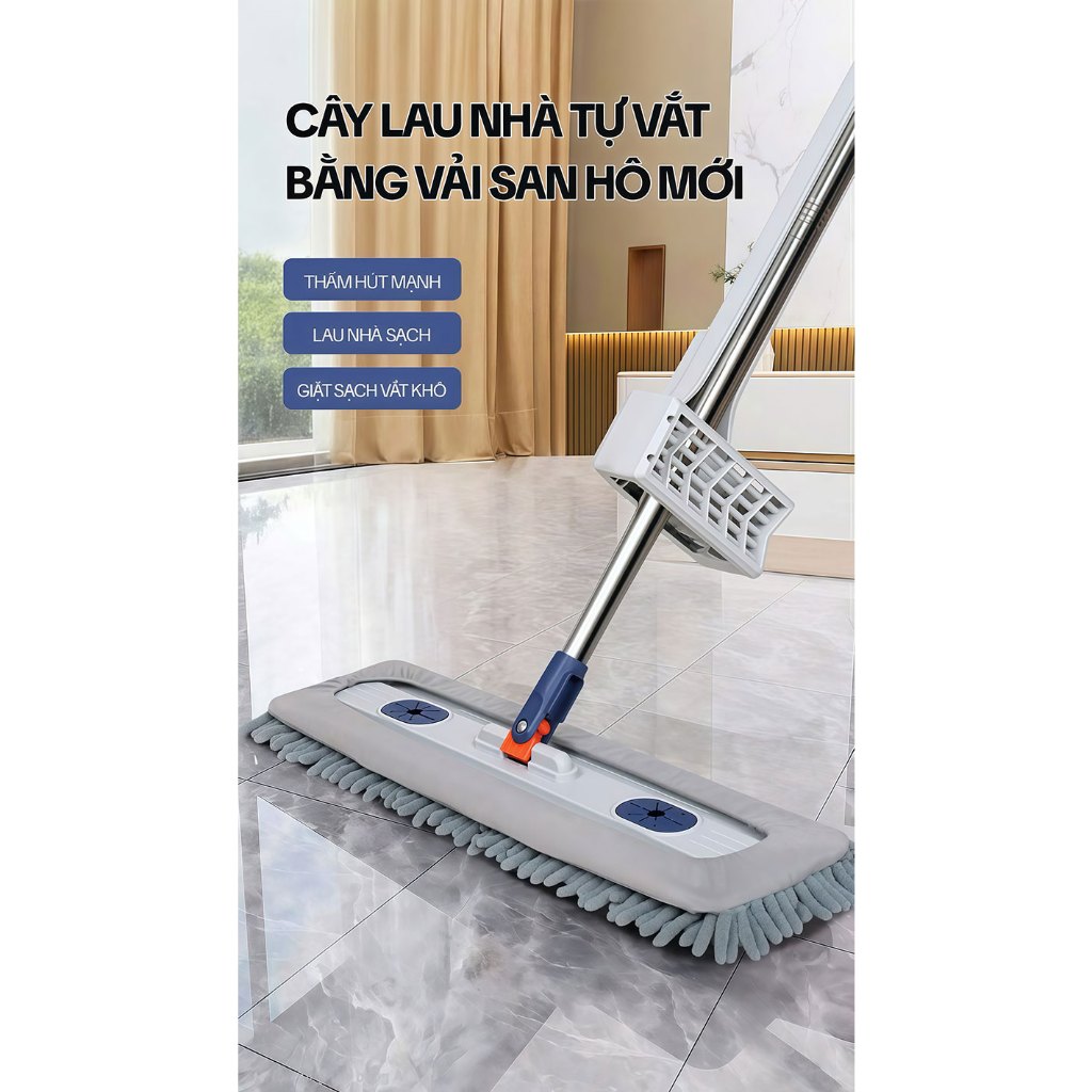 (Top Bán Chạy) Cây Lau Nhà Tự Vắt KITIMOP CORAL Sợi Microfiber Siêu Thấm Hút, Chổi Lau Nhà Tự Vắt Thông Minh BH-12TH