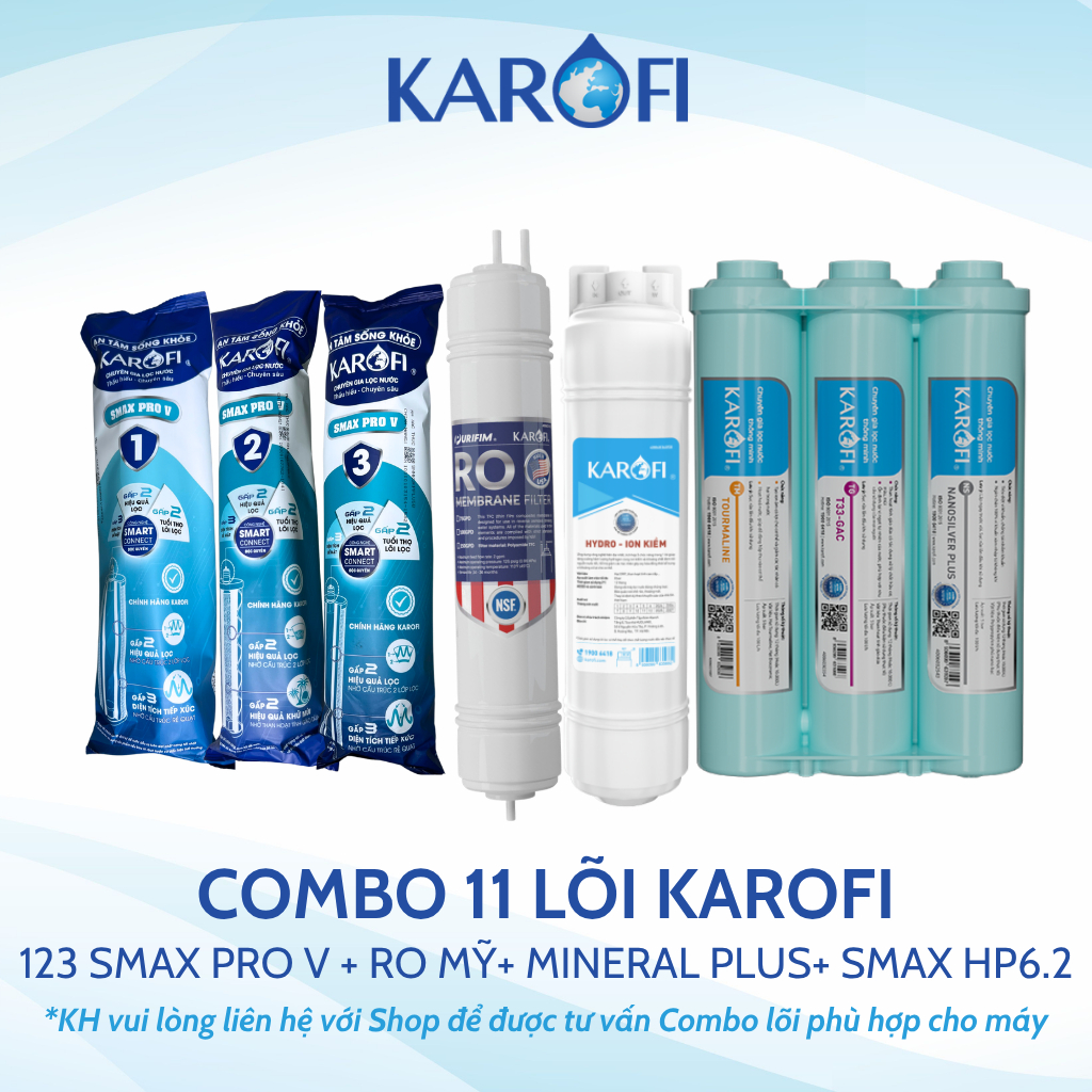 Bộ 11 lõi lọc nước Karofi dùng cho máy lọc nước RO Model KAH-D15, KAD-R38S, KAD-X68,D66S, X58...