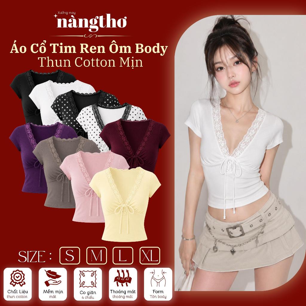 377[MÀU ĐỘC QUYỀN] Áo Kiểu Nữ Ôm Body Y2K Cổ Tim Phối Ren Cột Dây Chất Thun Cotton Mịn