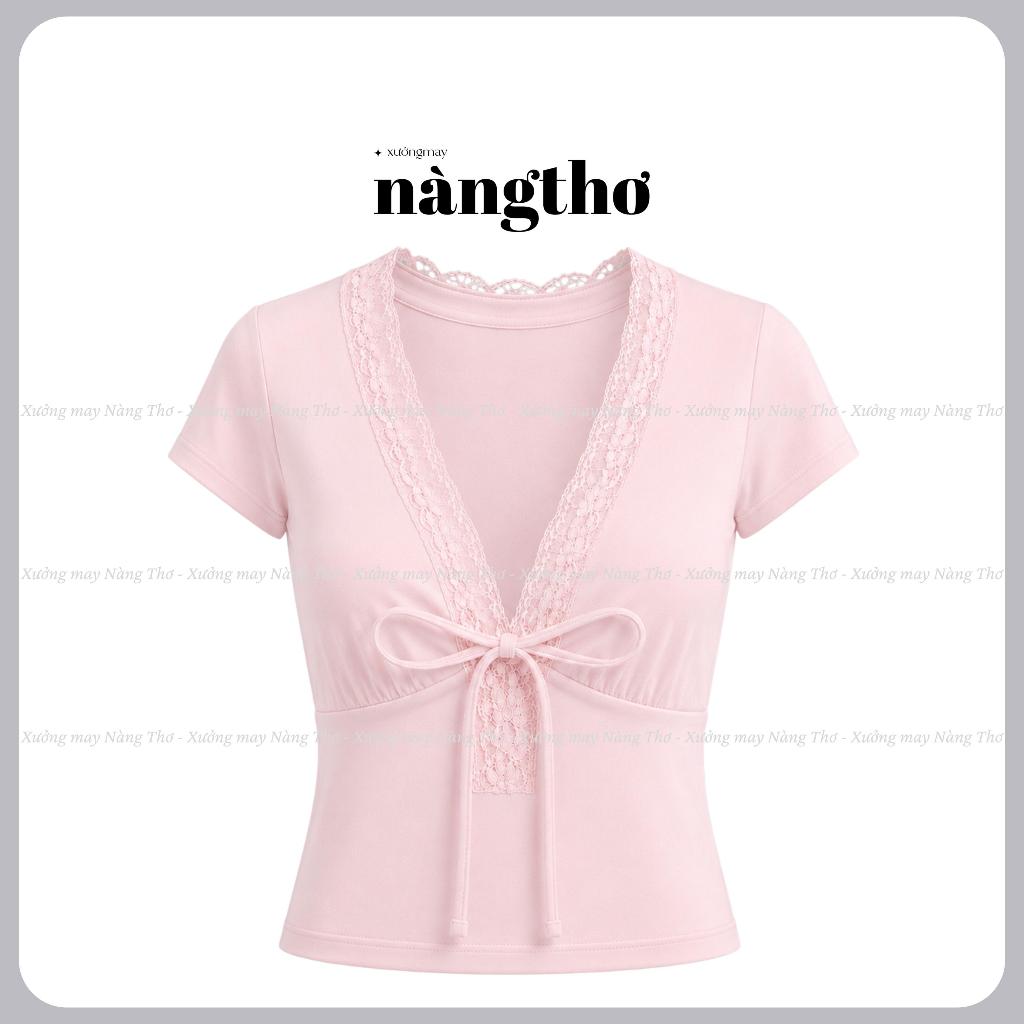 377[MÀU ĐỘC QUYỀN] Áo Kiểu Nữ Ôm Body Y2K Cổ Tim Phối Ren Cột Dây Chất Thun Cotton Mịn