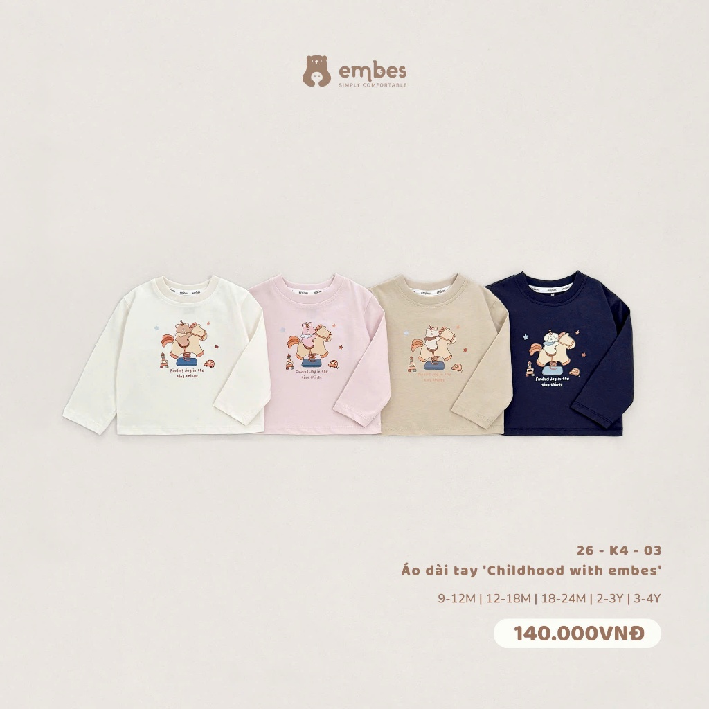 Áo Dài Tay Cho Bé Embes, Áo Thun Dài Tay Ngực In Họa Tiết Chất Cotton Cho Bé Trai Bé Gái Từ 8-18kg