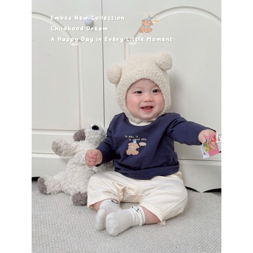 Áo Dài Tay Cho Bé Embes, Áo Thun Dài Tay Ngực In Họa Tiết Chất Cotton Cho Bé Trai Bé Gái Từ 8-18kg
