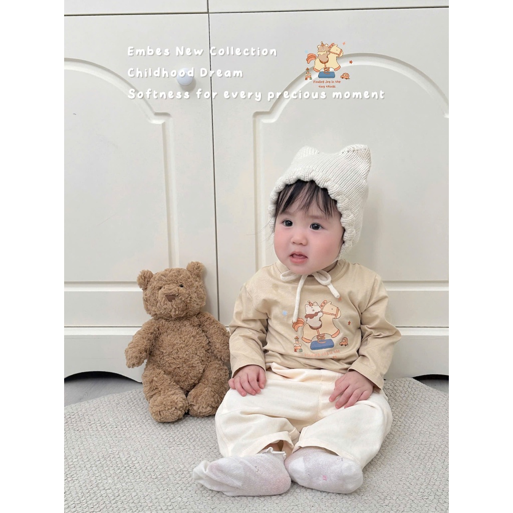 Áo Dài Tay Cho Bé Embes, Áo Thun Dài Tay Ngực In Họa Tiết Chất Cotton Cho Bé Trai Bé Gái Từ 8-18kg
