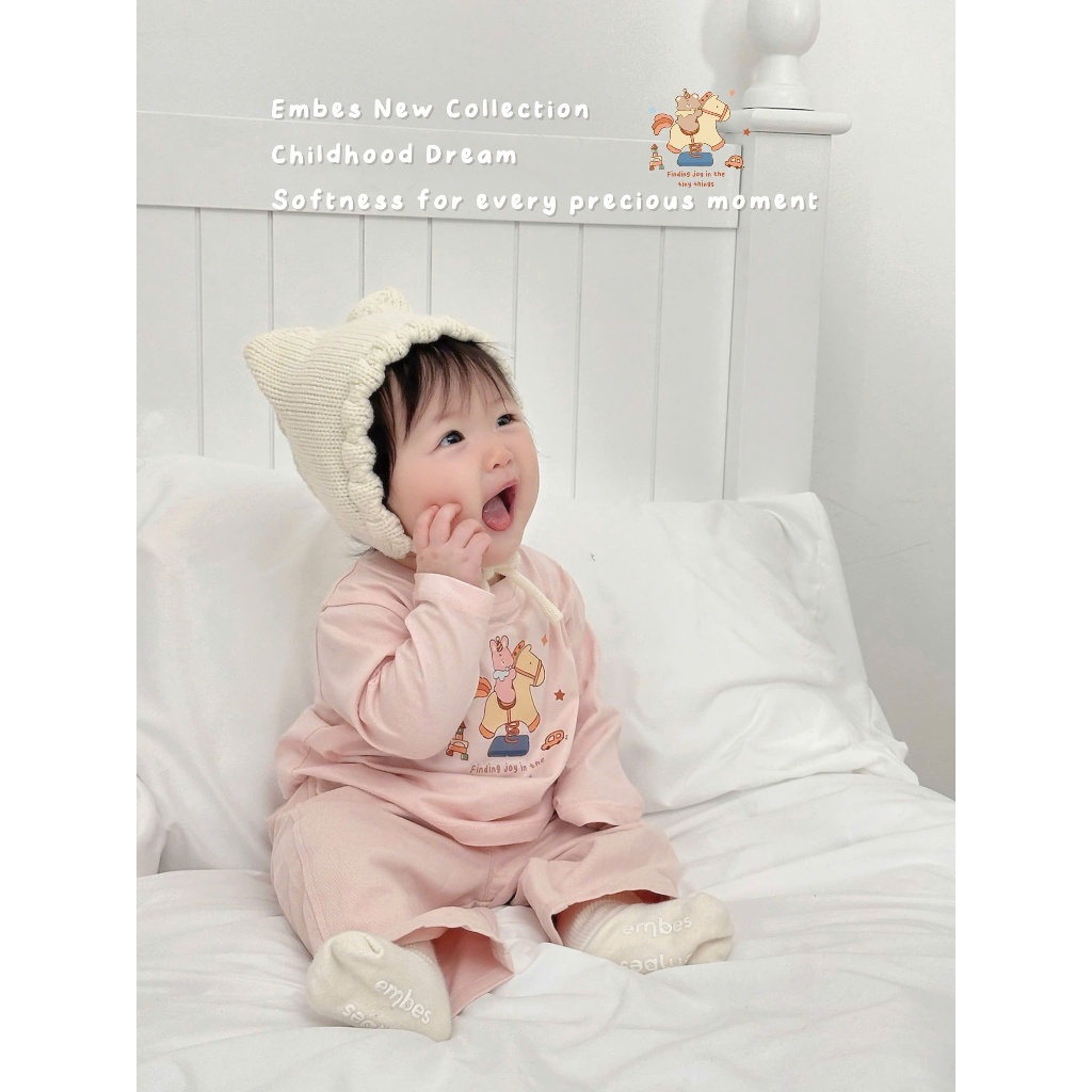 Áo Dài Tay Cho Bé Embes, Áo Thun Dài Tay Ngực In Họa Tiết Chất Cotton Cho Bé Trai Bé Gái Từ 8-18kg