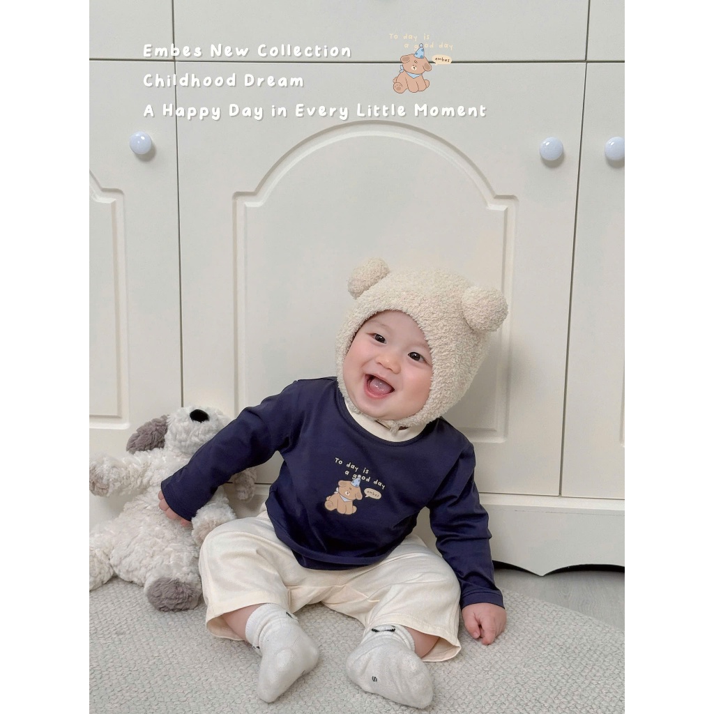 Áo Dài Tay Cho Bé Embes, Áo Thun Dài Tay Ngực In Họa Tiết Chất Cotton Cho Bé Trai Bé Gái Từ 8-18kg