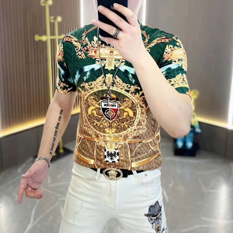 Áo thun nam tay ngắn co dãn 4 chiều với hoạ tiết 2 con sư tủ thời trang thoả mái và thoáng khí chuẩn gu anh em