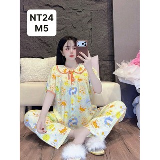 NT24-TAY NGẮN QUẦN DÀI CỔ SEN VIỀN TOLE LANH MẶC NHÀ DÀNH CHO NỮ THOẢI MÁI THẤM HÚT MỒ HÔI TỪ 45KG-70KG