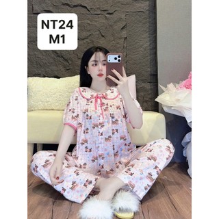 NT24-TAY NGẮN QUẦN DÀI CỔ SEN VIỀN TOLE LANH MẶC NHÀ DÀNH CHO NỮ THOẢI MÁI THẤM HÚT MỒ HÔI TỪ 45KG-70KG