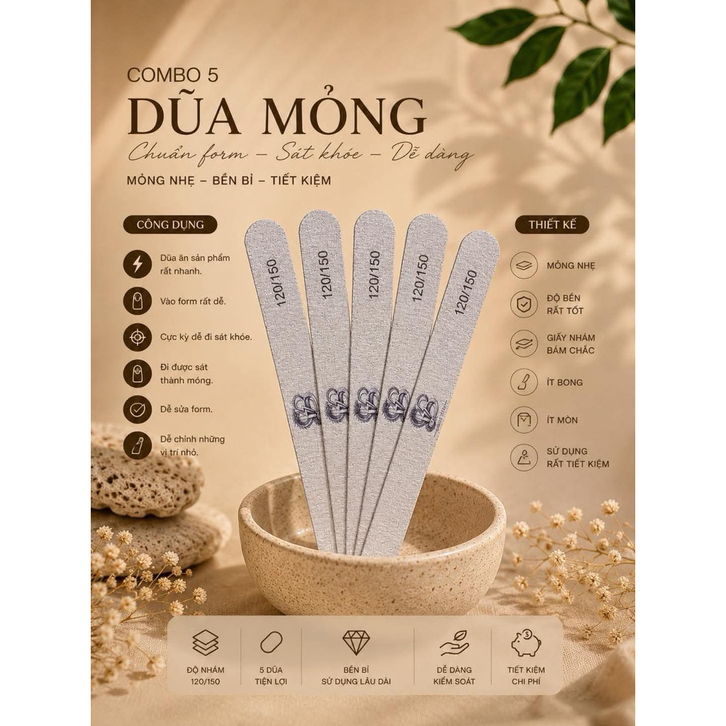 combo5  cây  dũa Nail mỏng siêu bén cứng cáp chắc chắn - Linh Bùi