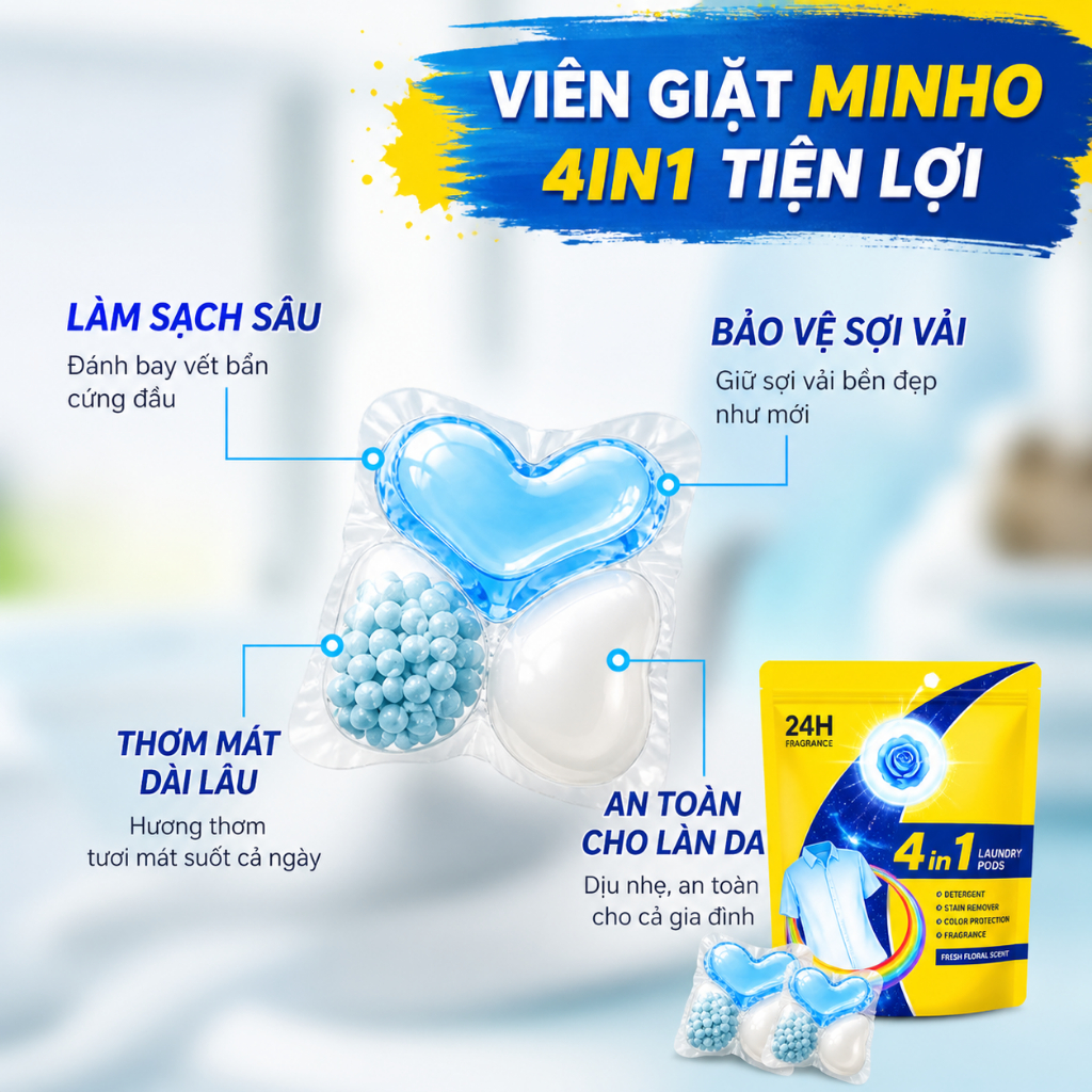 Mua 4 tặng 1 - Viên giặt quần áo hương hoa hồng - Viên giặt Minho lưu hương 72h - Siêu sale 7/7
