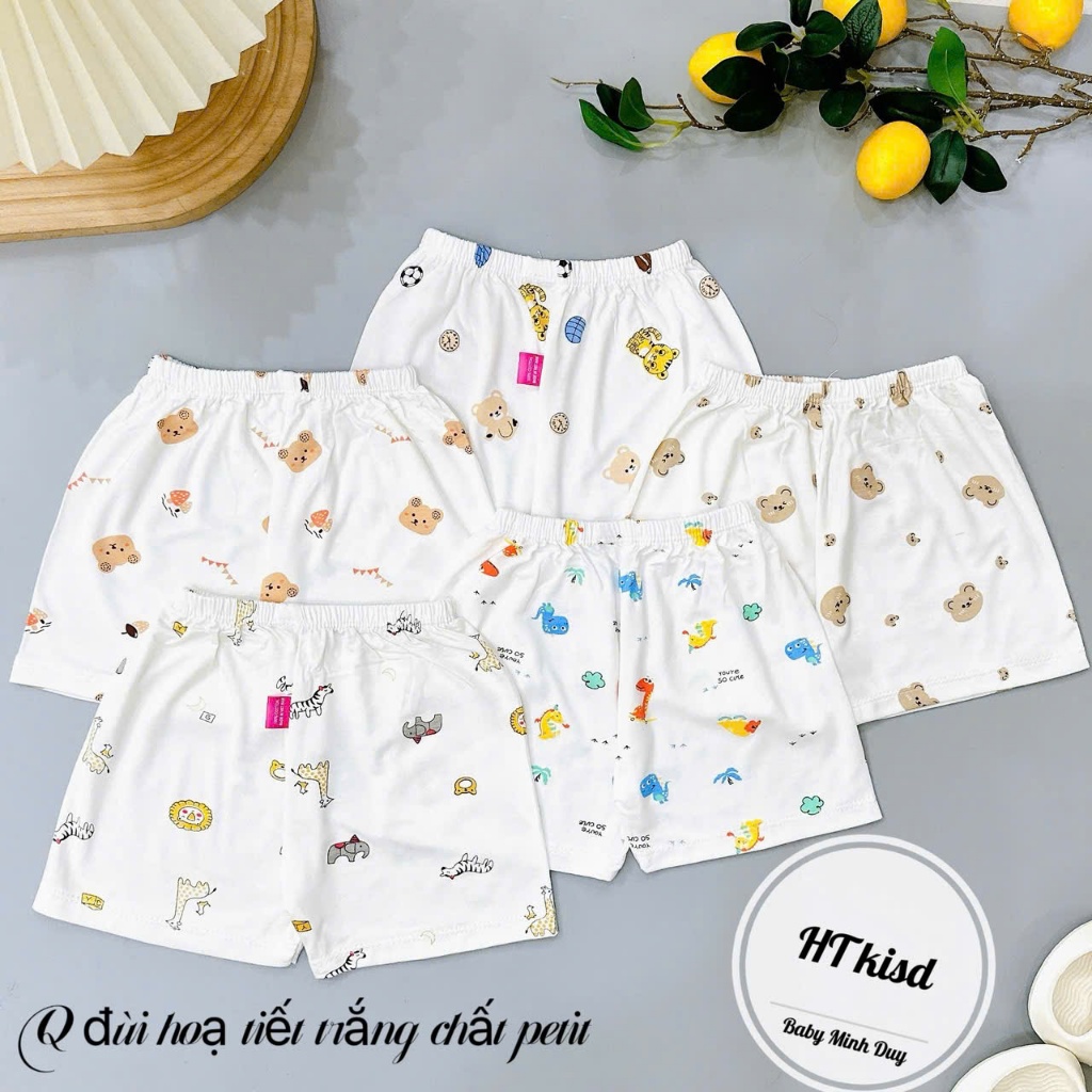 Combo 5/10 chiếc quần đùi thun lạnh nền trắng họa tiết thú cho bé 4-14kg mesocshop
