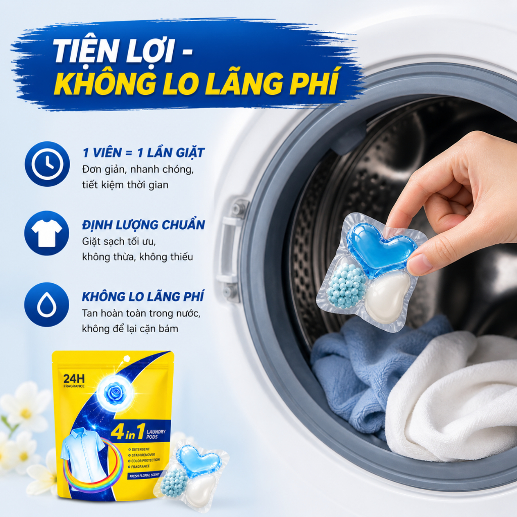 Mua 4 tặng 1 - Viên giặt quần áo hương hoa hồng - Viên giặt Minho lưu hương 72h - Siêu sale 7/7