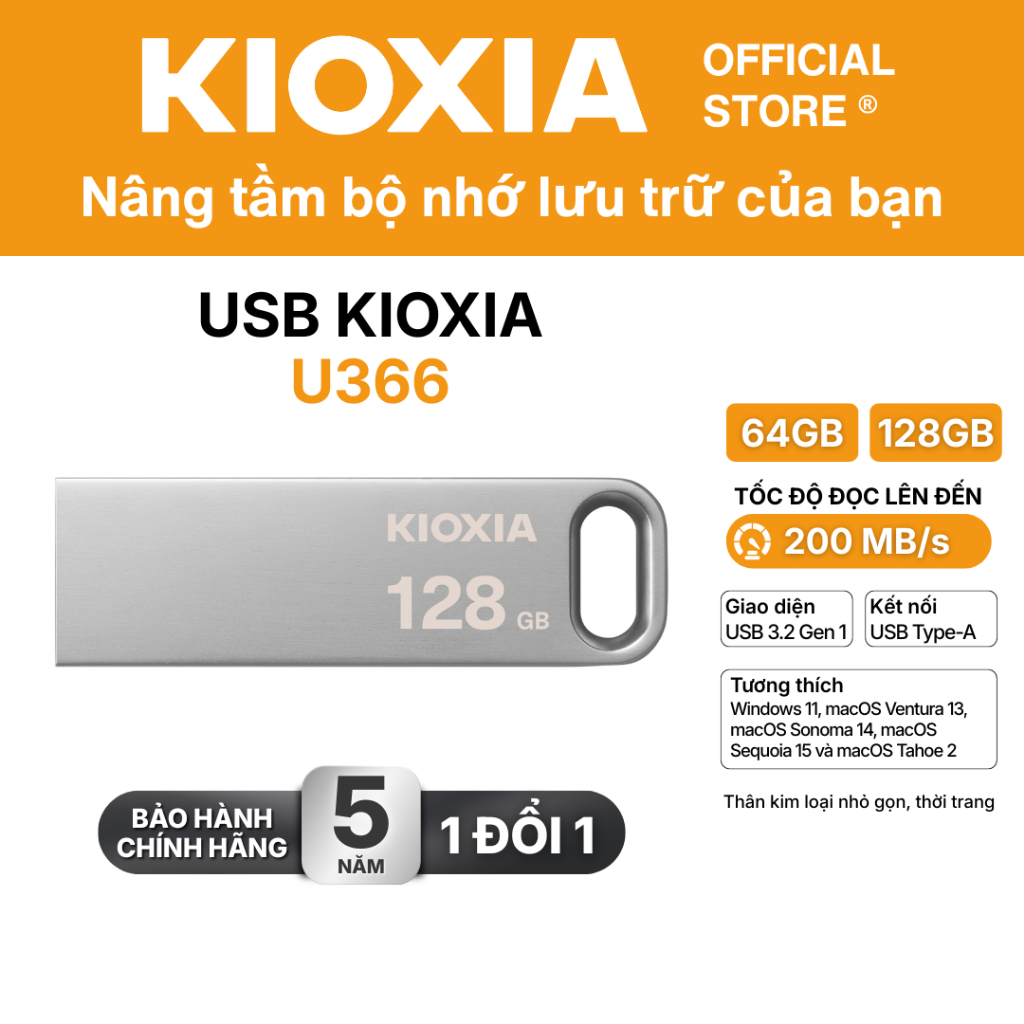 USB 3.2 KIOXIA TransMemory U366 64GB/128GB upto 200MB/s - Bảo hành 5 năm