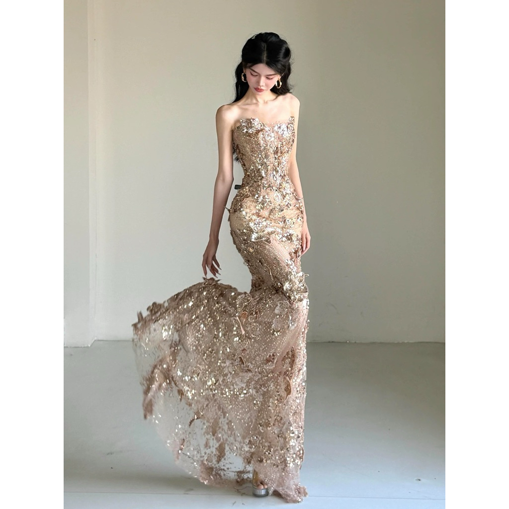 Đầm Dạ Hội Đuôi Cá Kim Sa Cao Cấp Cúp Ngực Ôm Body Màu Champagne Lấp Lánh Sang Trọng Dự Tiệc Cưới MC Chụp Ảnh