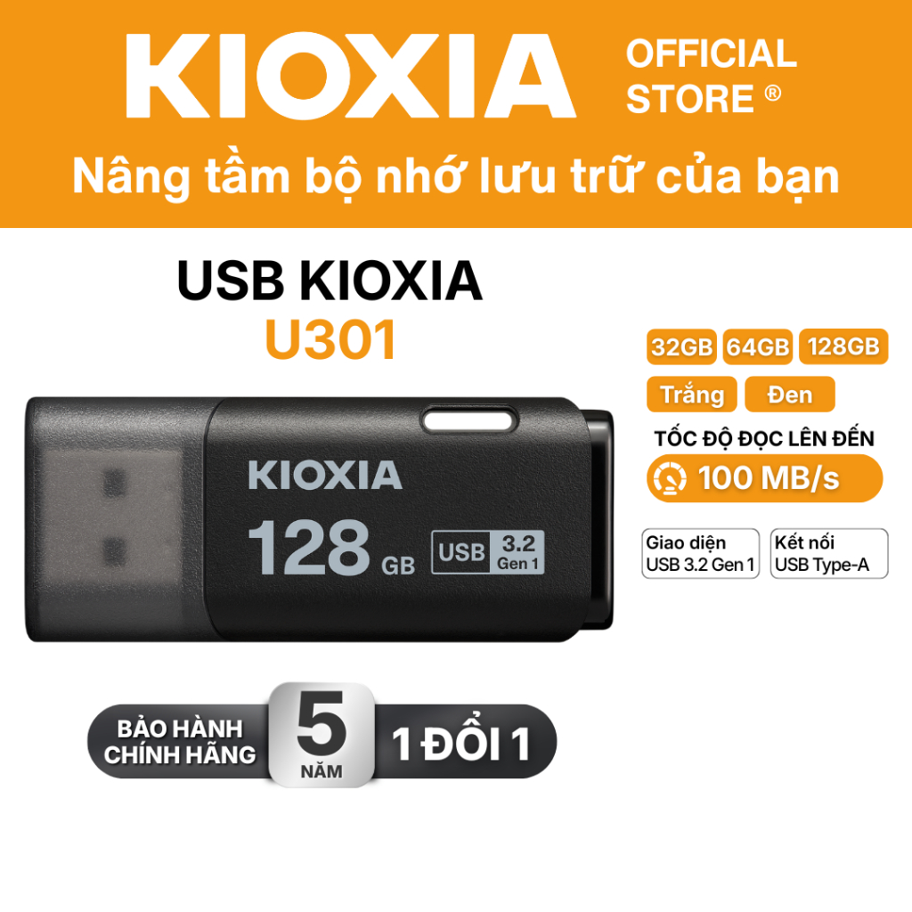 USB 3.2 KIOXIA TransMemory U301 32GB / 64GB / 128GB upto 100MB/s (Read) - Bảo hành 5 năm