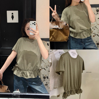 𝐏𝐡𝐢𝐞𝐧 𝐖𝐆𝐖𝐄 | (Sẵn) w9688 Áo Thun Kẻ Cộc Tay Cổ Tròn Viền Chun Bèo Tone Xanh