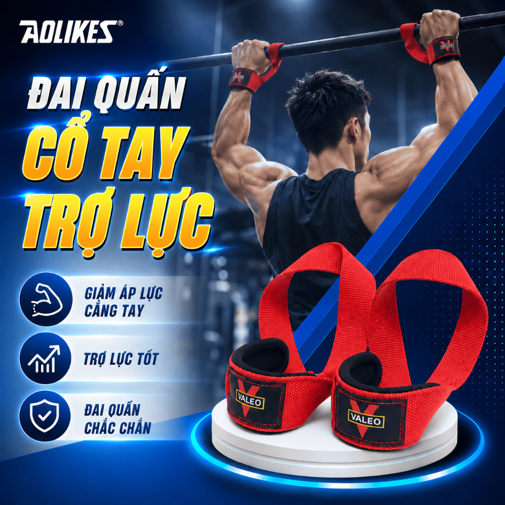 Dây Kéo Lưng Tập Gym VALEO, Đai Quấn Cổ Tay Trợ Lực Nâng Đòn Tạ Aolikes 7635 Chính Hãng