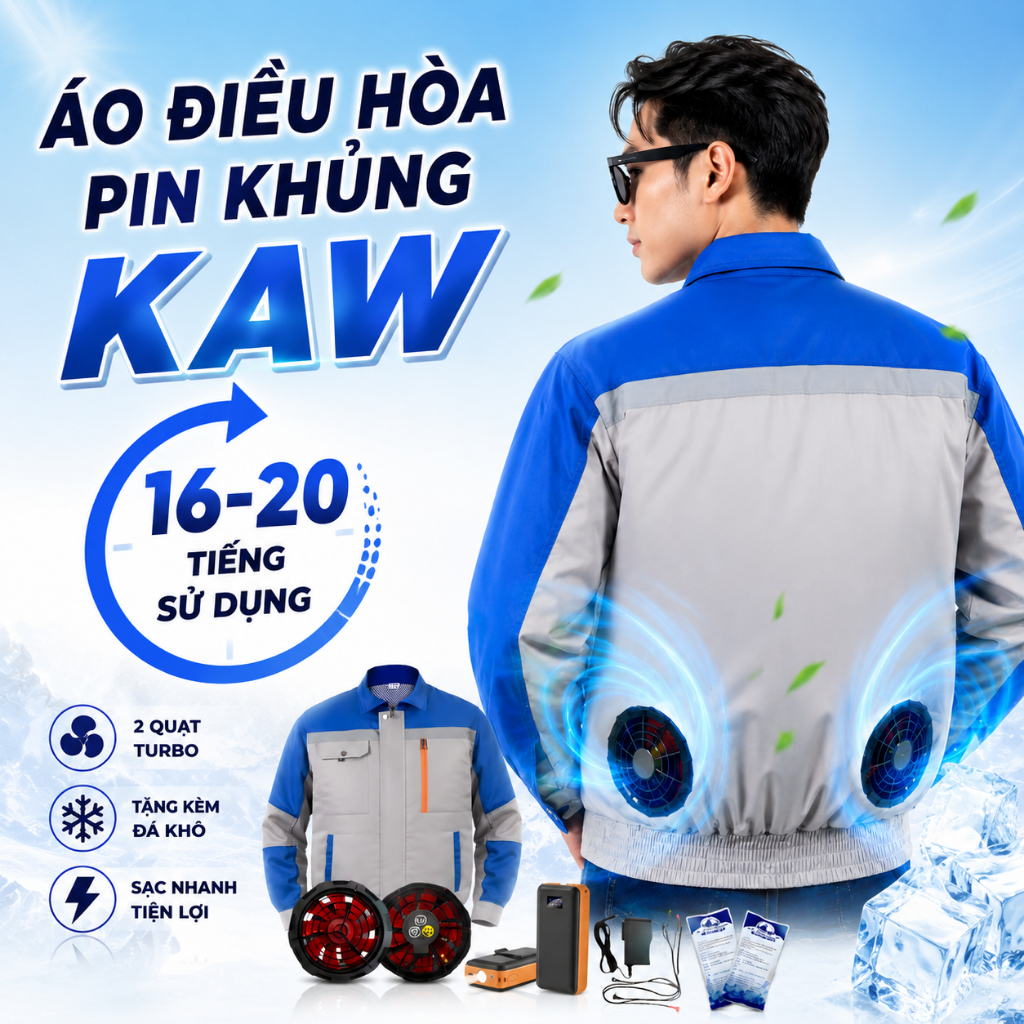Áo điều hòa KAW cao cấp, Dung lượng pin 50000mAh, 35000mAh siêu khủng 16 - 20 tiếng, Hàng chính hãng