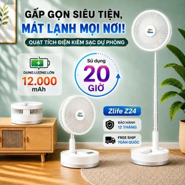 Quạt Tích Điện Gấp Gọn Để Bàn Zlife 12.000mAh Dùng 8-20 Giờ, Quạt Sac Điện Mini Pin Trâu Kéo Dài 1m