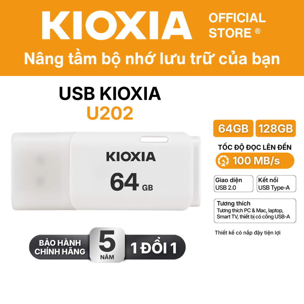 USB 2.0 KIOXIA TransMemory U202 32GB/64GB upto 100MB/s Trắng  - Bảo hành 5 năm