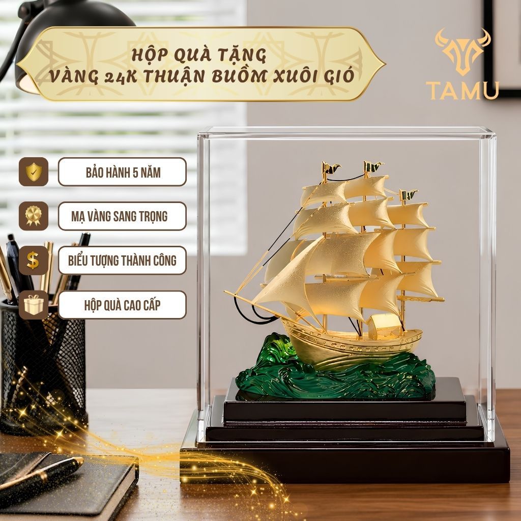 Hộp Quà Tặng Phong Thủy Vàng 24K Thuận Buồm Xuôi Gió, Quà Tặng Cao Cấp, Quà Trang Trí, Quà Lưu Niệm