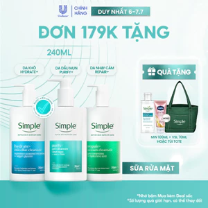 Sữa Rửa Mặt Simple 240ml Purify+ Giảm Mụn Sau 7 Ngày, Repair+ Phục Hồi Da, Hydrate+ Giúp Da Trông Căng Mướt