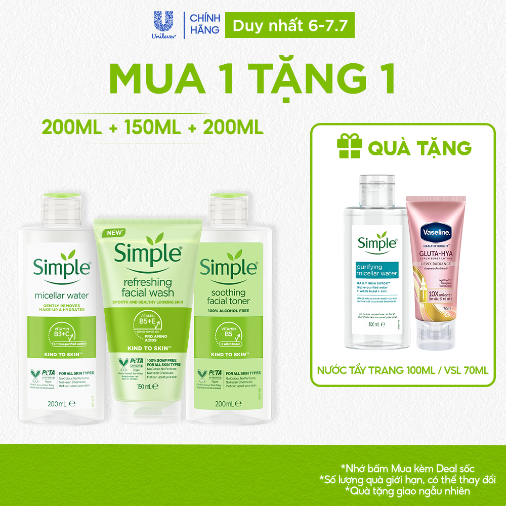 COMBO 3 BƯỚC DƯỠNG SIMPLE NƯỚC TẨY TRANG 200ML + SỮA RỬA MẶT 150ML + NƯỚC HOA HỒNG 200ML