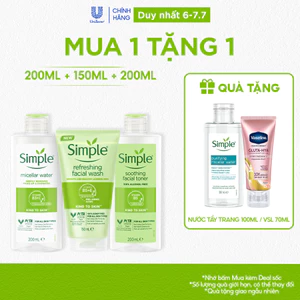 COMBO 3 BƯỚC DƯỠNG SIMPLE NƯỚC TẨY TRANG 200ML + SỮA RỬA MẶT 150ML + NƯỚC HOA HỒNG 200ML