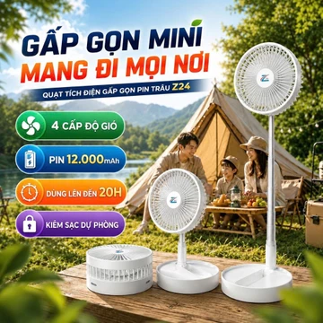 Quạt Tích Điện Mini Pin Trâu, Quạt Gấp Gọn Kéo Dài Một Mét Z24 Pin 15.000mAh Dùng 20 Tiếng