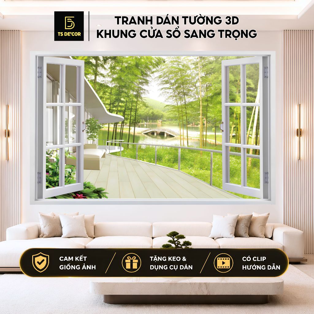 Tranh cửa sổ vải lụa kim sa tranh 3D dán tường. Tặng keo và dụng cụ dán....