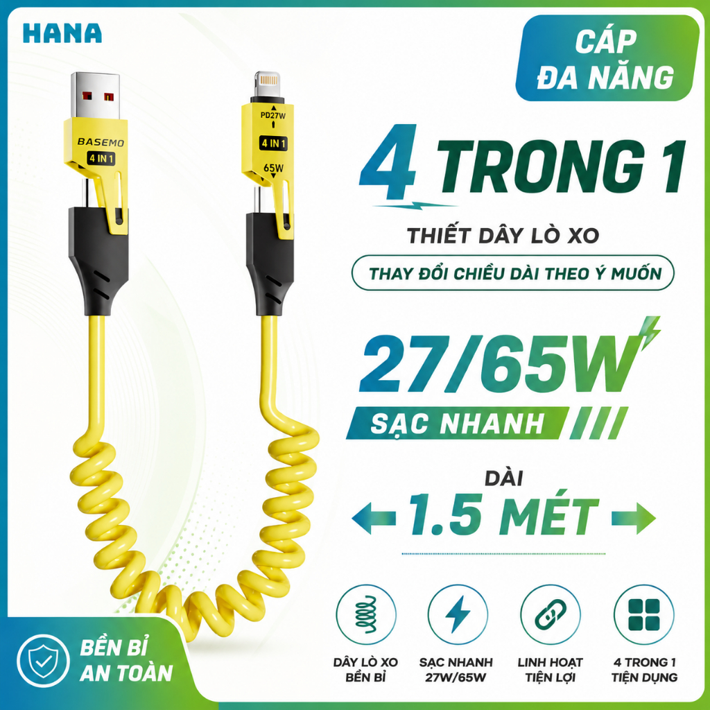 Dây Cáp sạc lò xo đa năng 4 in 1 - Hãng Basemo - Hỗ trợ sạc nhanh PD 27/65W - Thay đổi chiều dài tùy ý - Co dãn dễ dàng