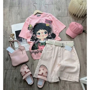Bộ Quần Áo Bé Gái Phong Cách Hàn Quốc, Áo Thun Tay Lỡ Kết Hợp Quần Kaki Form Rộng cho bé gái