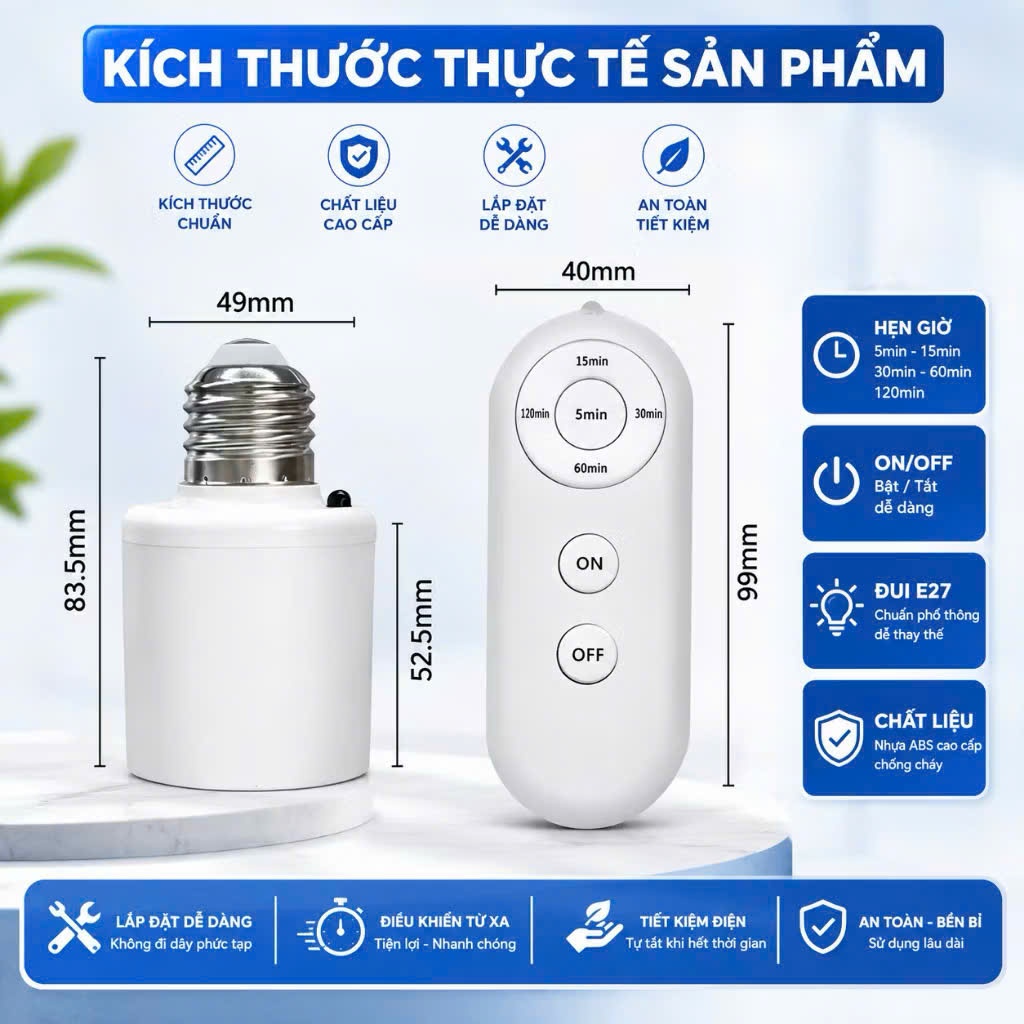 Đui Đèn Thông Minh E27 – Điều Khiển Từ Xa, Hẹn Giờ Tắt Đèn, Kèm Remote Có Pin K64.