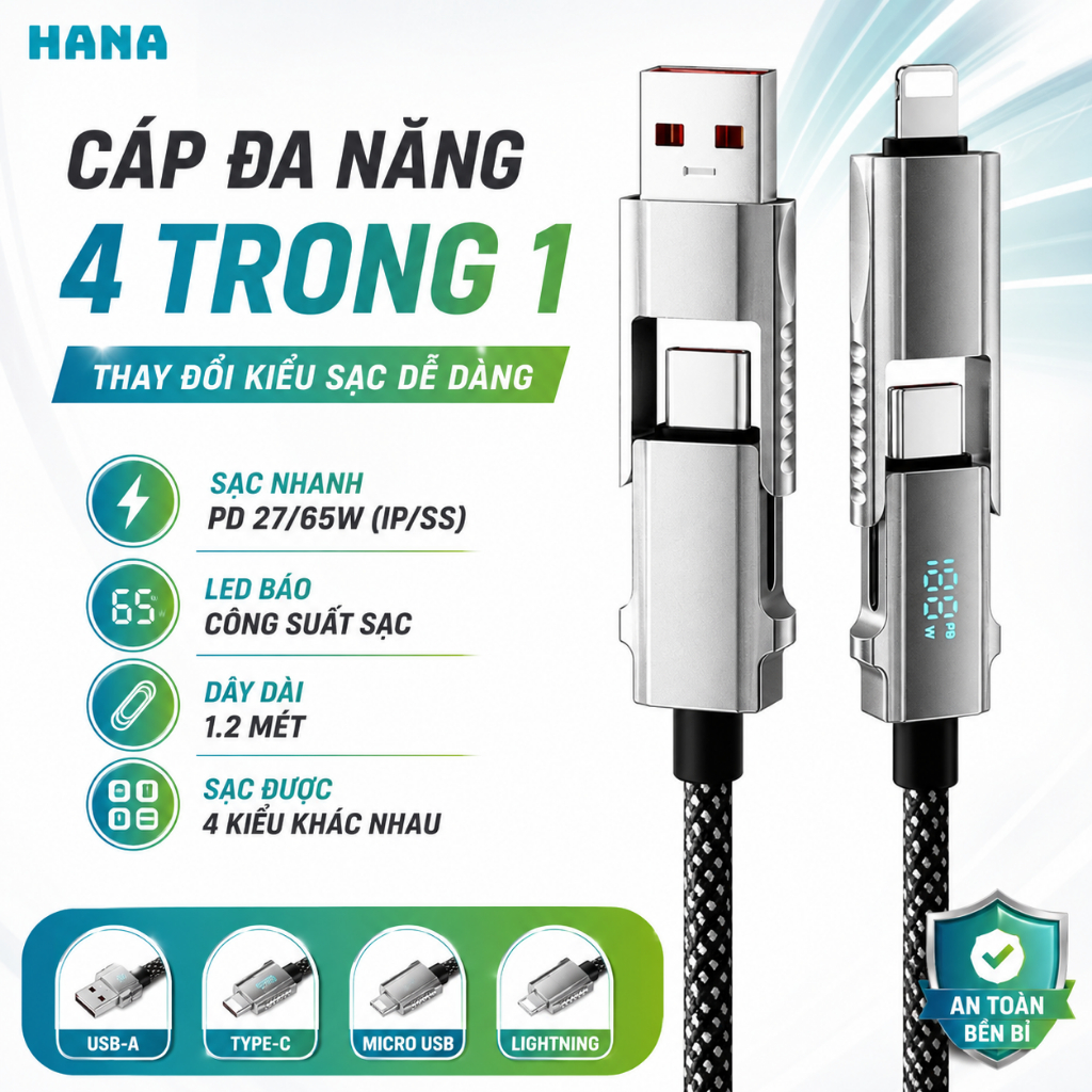 [Basemo] Cáp sạc nhanh có màn LED đo công suất - Hỗ trợ sạc nhanh PD 27/65W