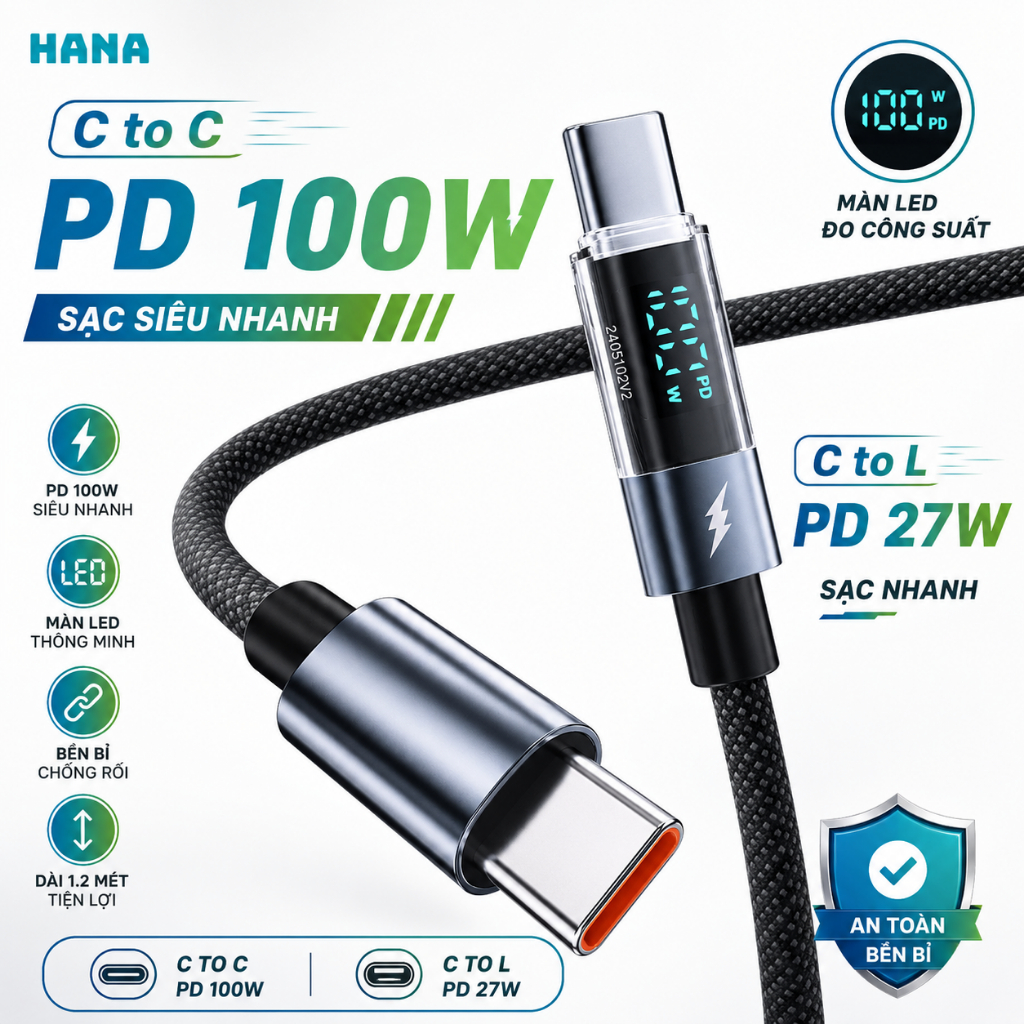 Dây cáp sạc nhanh Phone 100W Type C - Basemo - Có đèn LED đo công suất sạc - Dây dù bện 1 mét