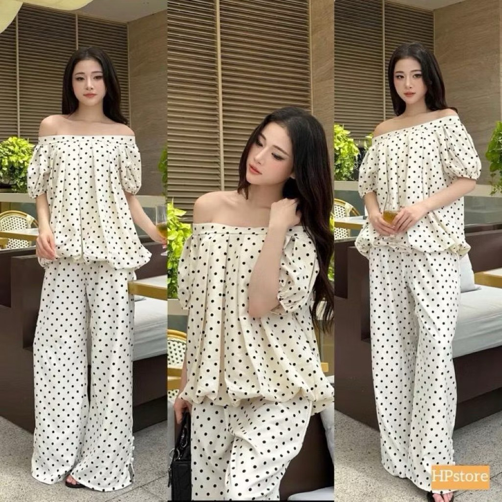 L443- sét bộ lụa áo phồng bí phối quần dài suông rộng có túi chấm bi(38-55kg)