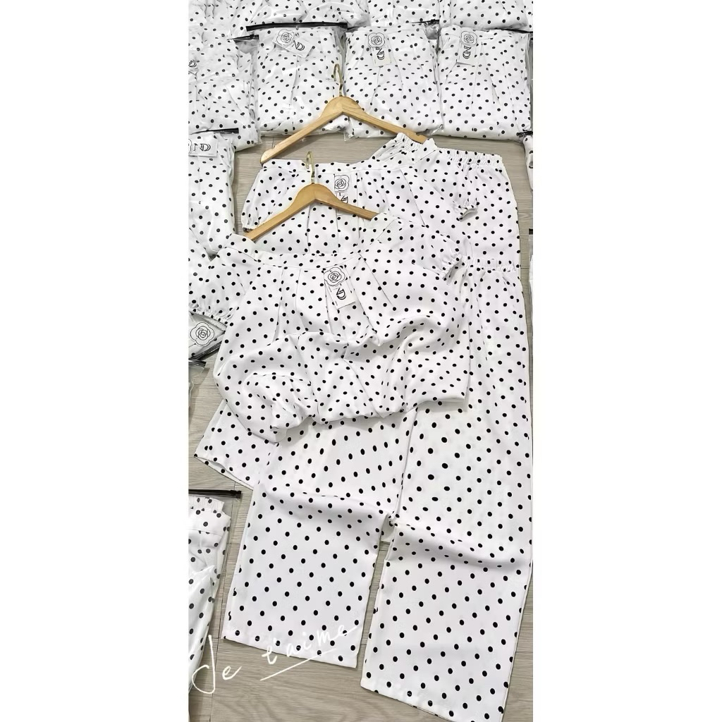 L443- sét bộ lụa áo phồng bí phối quần dài suông rộng có túi chấm bi(38-55kg)