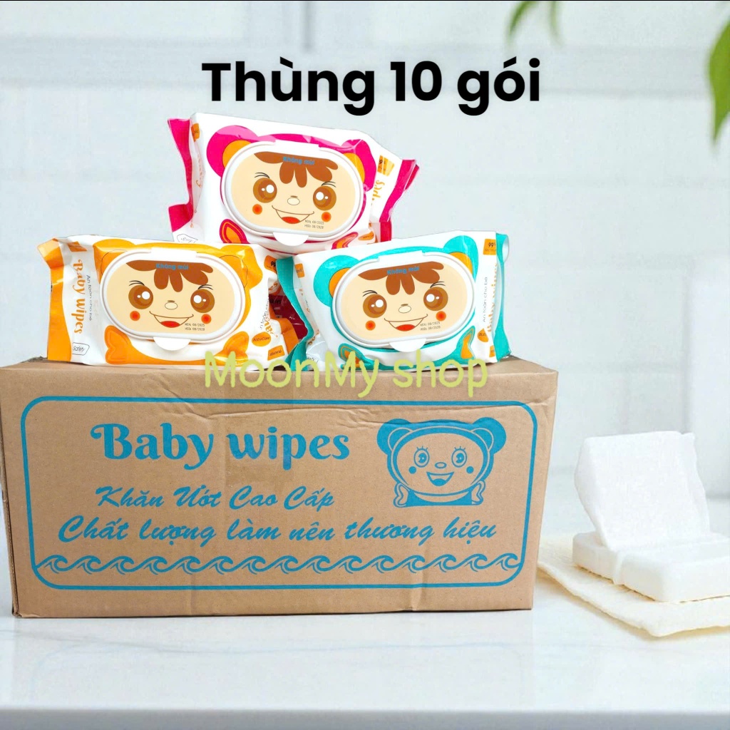 Combo 10 Gói Khăn Giấy Ướt Gấu Baby Wipes Không Hương Liệu, Vải Bỉ Dày, Kích Thước Lớn