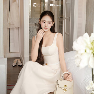 Đầm midi Khiết trắng kem thiết kế cổ vuông thanh lịch đi kèm belt da sang trọng KD449B
