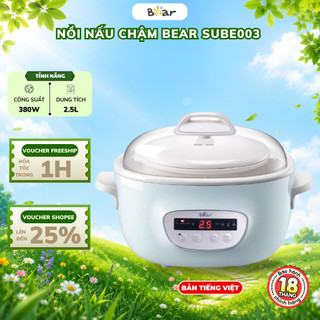 Nồi Nấu Chậm 2,5L Bear SUBE003, 380W, Đa Năng Bản Tiếng Việt Kèm Lồng Hấp, Có Hẹn giờ, BH 18 Tháng