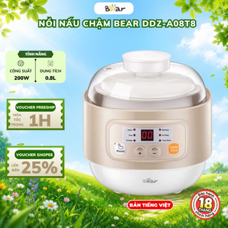 Nồi Nấu Cháo Chậm BEAR 0.8L DDZ-A08T8 (Kèm Lồng Hấp), 200W, Có Lõi Gốm Sứ, 7 Chế Độ Nấu, Giữ Nhiệt