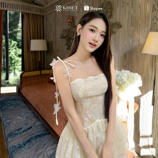 Đầm ngắn xòe ren hoa kem dây vai phối hoa 3D phong cách bay bổng nữ tính KD681