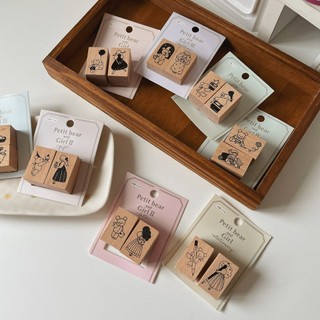 Set dấu gỗ rubber stamp Amifa Petit Bear and Girl
