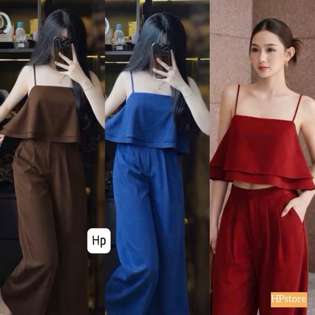 GG45- sét bộ đũi áo 2 dây tầng sau phối  nút kiểu quần dài rộng có túi phog cách thời trang(38-56kg)
