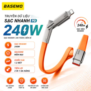 Dây Cáp Sạc Nhanh 240W Basemo - 2in1 Silicon Dẹt – Cổng Type C to C/L – Siêu Bền – BH 6 tháng