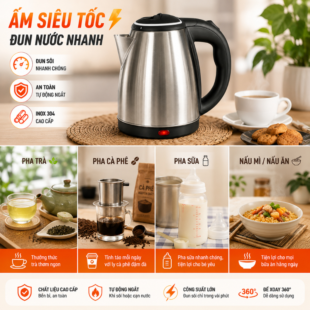 Ấm siêu tốc 1.8L Inox 304, ấm đun nước đun sôi nhanh, tự ngắt an toàn, tiết  kiệm điện | Shopee Việt Nam