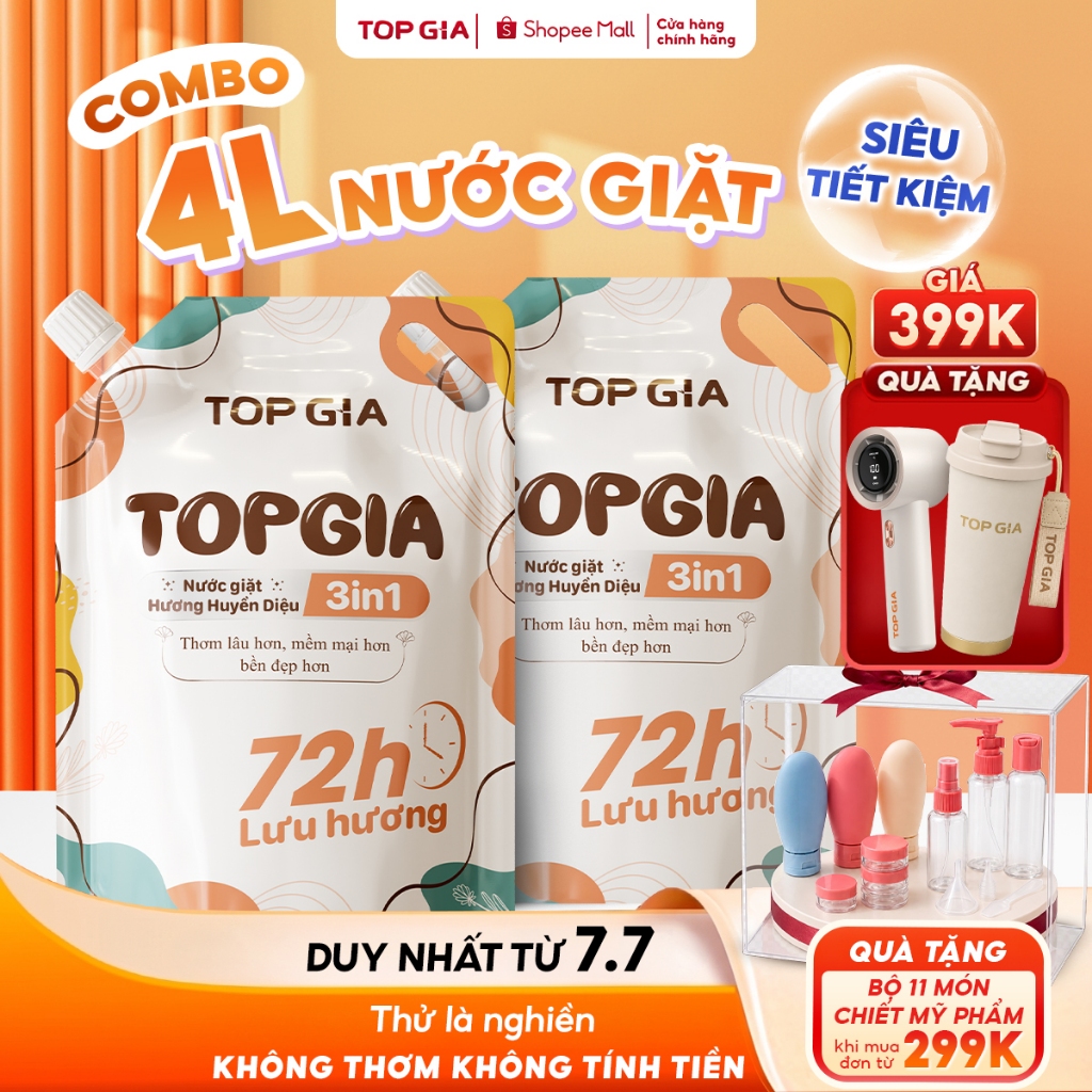 [TẶNG QUẠT VÀ BÌNH] Combo 4L Nước Giặt Xả TopGia 3in1 Hương Huyền Diệu, Lavender Lưu Hương Lâu 72H