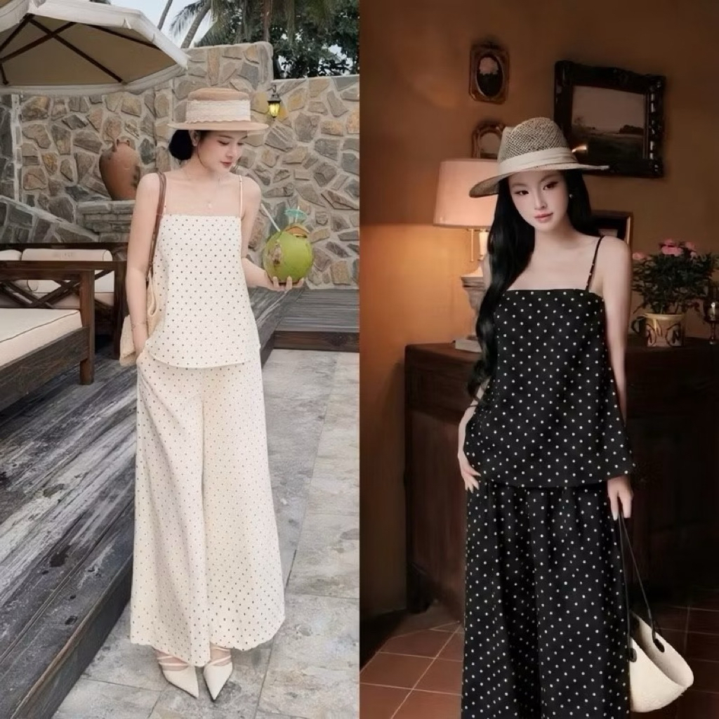 L176- sét bộ chấm bi 2 dây phong các trẻ trung phối quần dài suông rộng có túi(38-55kg)